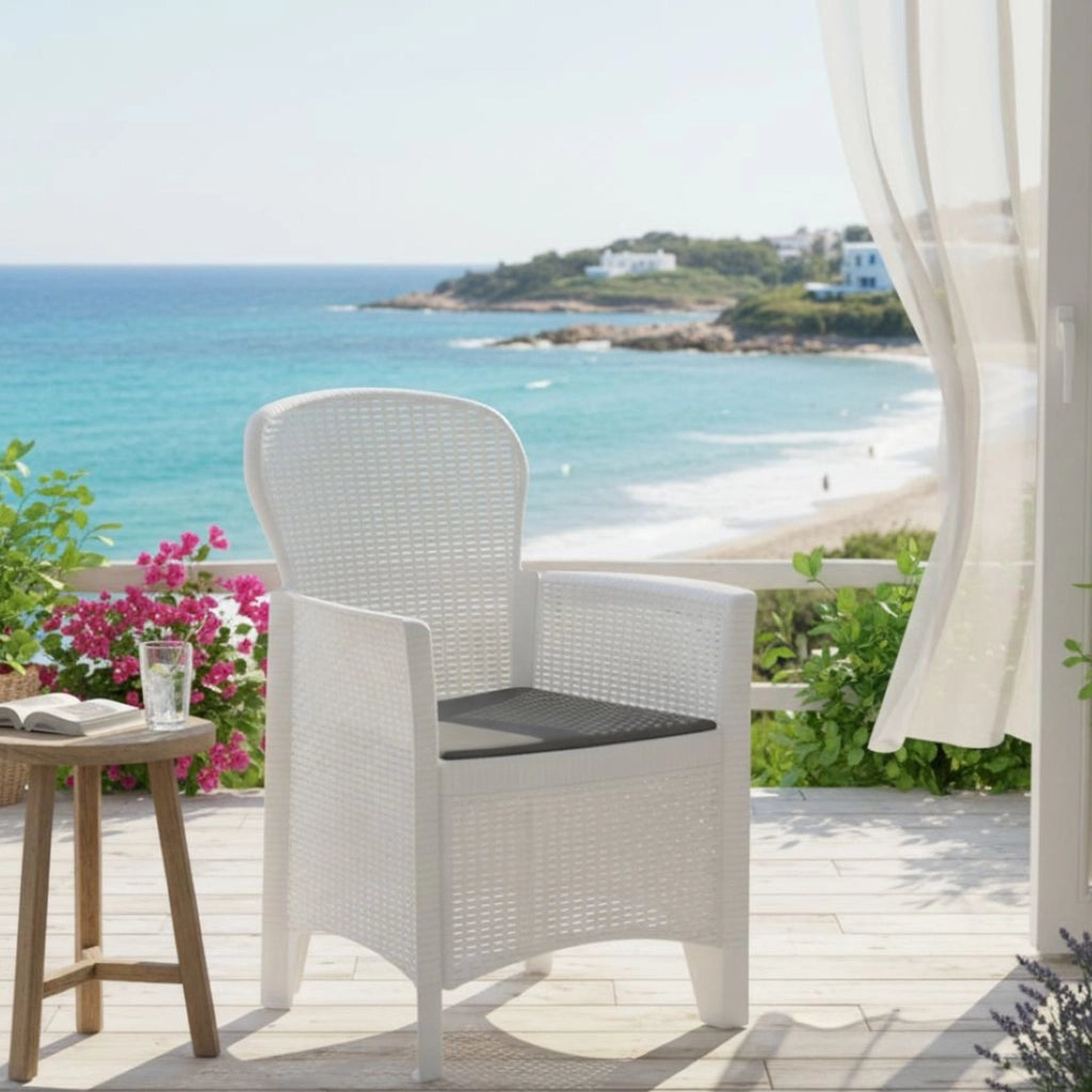 Sedia da esterno Amilton, Seduta da giardino, Poltrona outdoor effetto rattan, 100 % Made in Italy, Cm 60x58h89, Bianco