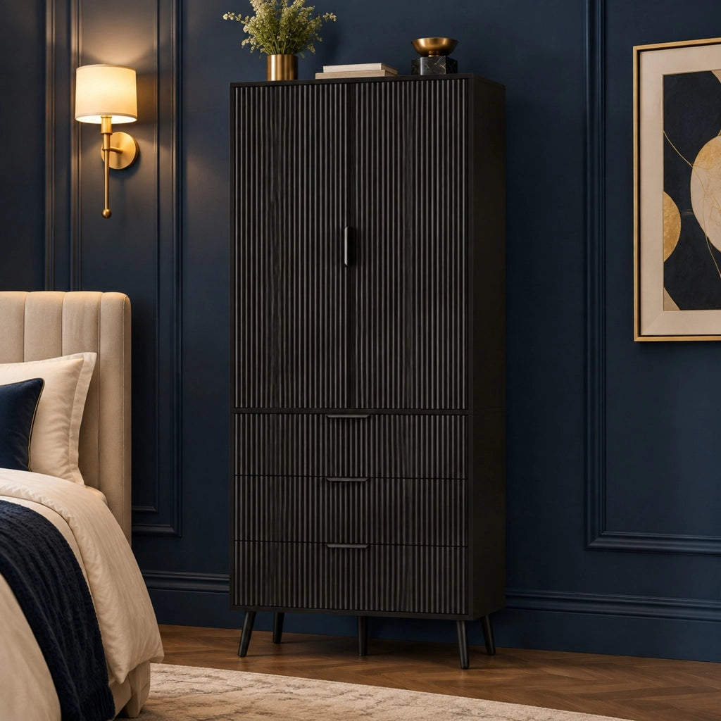 Armadio contenitore 75x35x180 cm con 2 ante e 3 cassetti in MDF nero