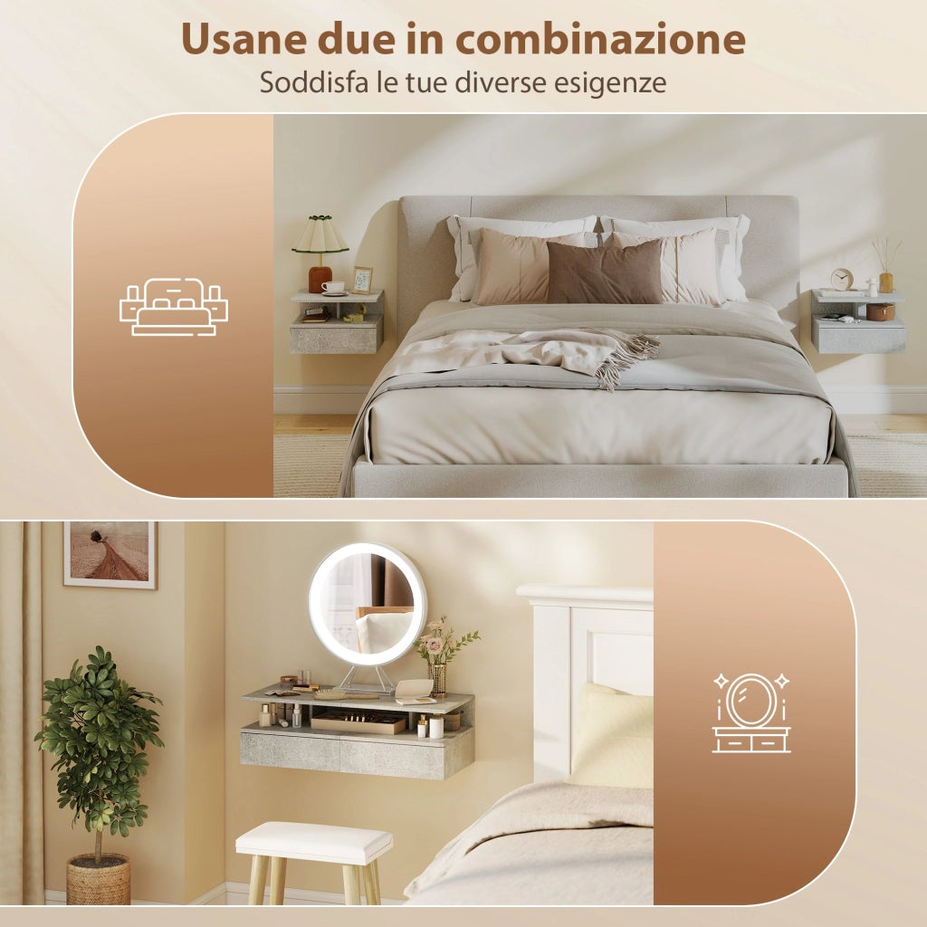 Comodini Sospesi con Cassetto e Mensola ¨C Zephmum ¨C 35x32x22.5 cm Grigio Cemento