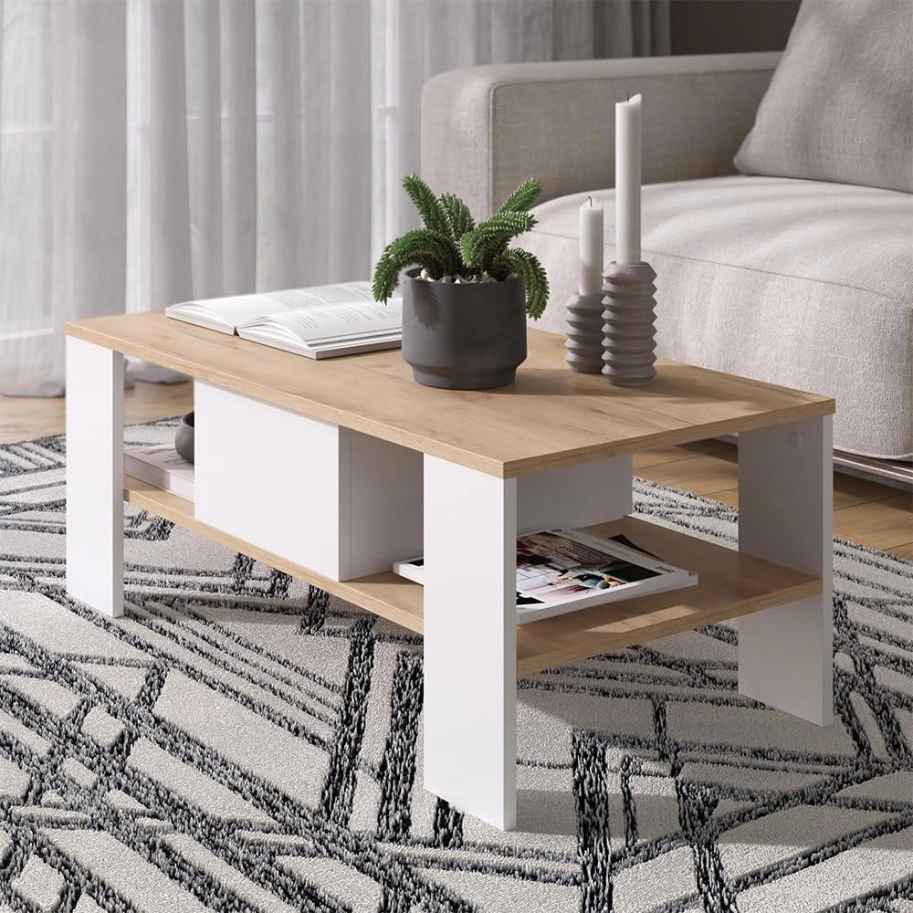 Tavolino Wilmut, Quercia dorata/bianco, 89.8 x 46.4 cm con cassetto, Superficie d’appoggio per riviste e telecomandi