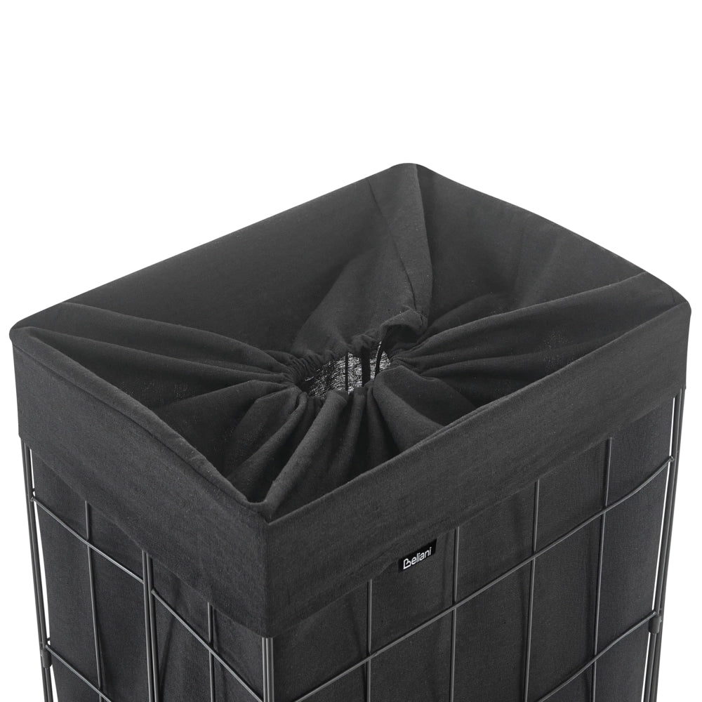 Cesto portabiancheria con struttura in metallo nero e rivestimento in tessuto pieghevole realizzato a mano per il bagno 72 l