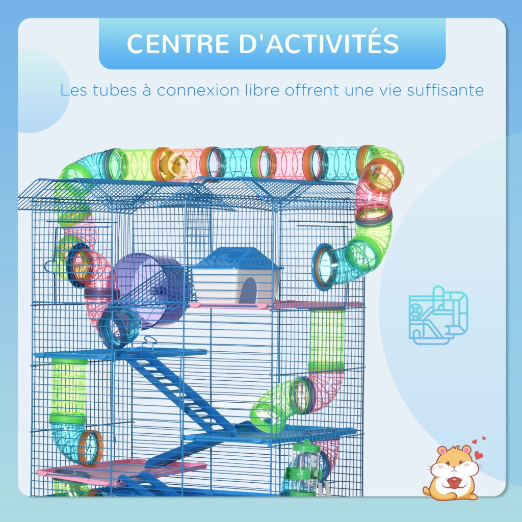 Gabbia per Criceti e Piccoli Animali con Tunnel e Ruota ¨C zephmum ¨C 47x30x59 cm Blu