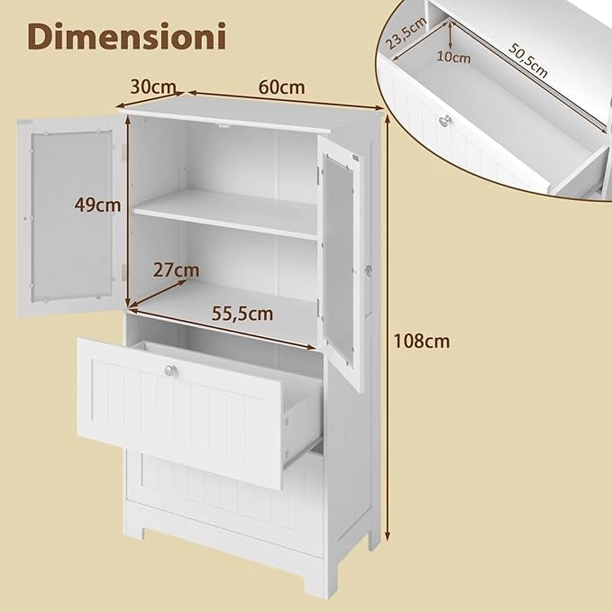 Armadio da Bagno a Terra, Armadietto Autoportante con 2 Cassetti e 2 Ante in Vetro Opaco e Ripiano Regolabile, Mobile Salvaspazio per Bagno, Cucina e Salotto (Bianco, 60x30x108cm)