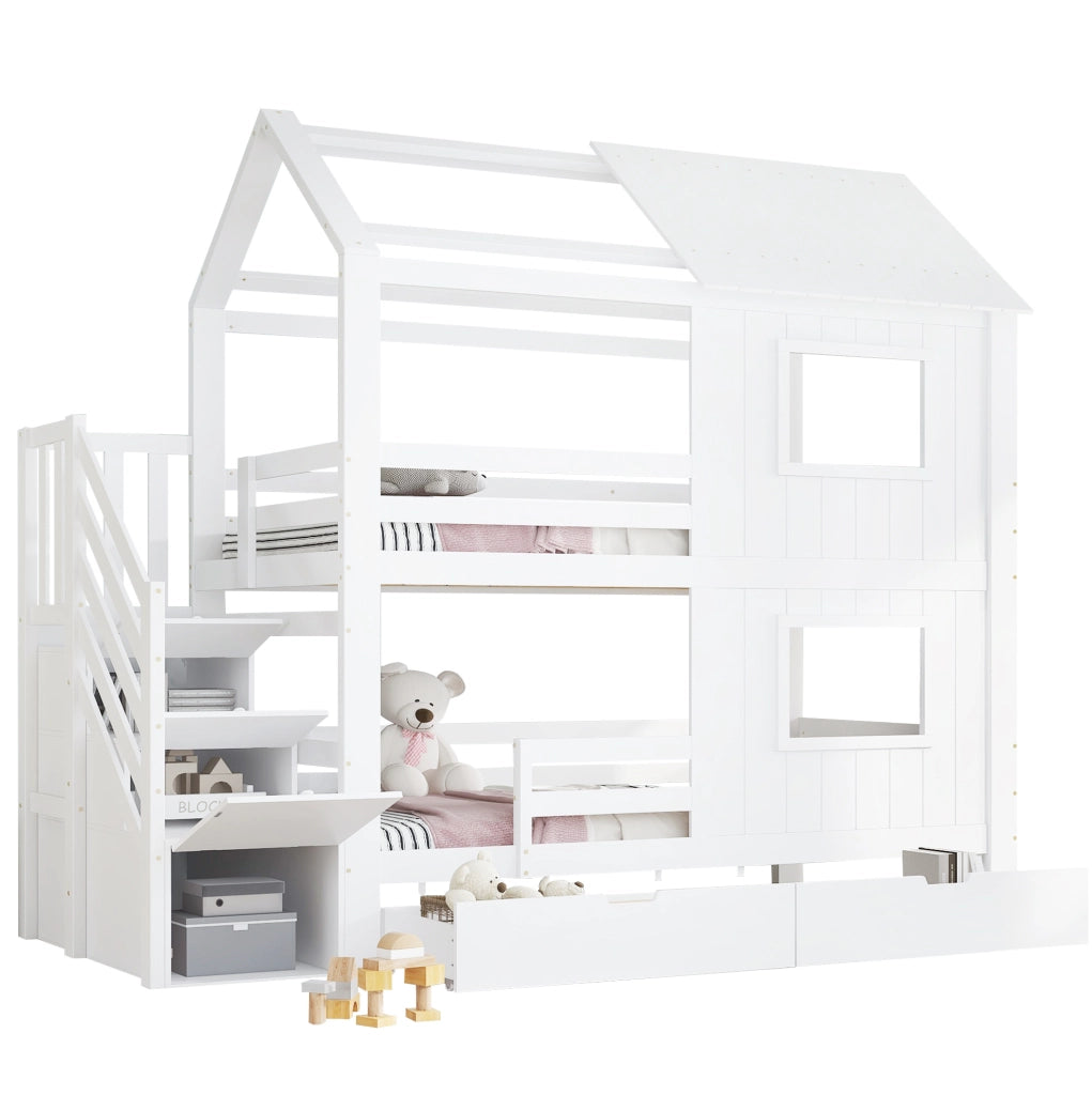 Letto a castello per bambini bianco con scala contenitore