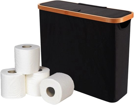 Organizzatore per carta igienica 28L, cassetta per carta igienica pieghevole con coperchio per la bagno, organizzatore per carta igienica per 12 rotoli, 43,5×14,5×35 cm (nero)