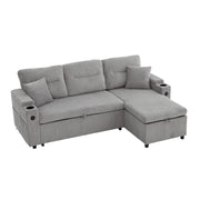 Divano letto 3 posti - con contenitore; porta USB-C e chaise longue - in corduroy grigio chiaro