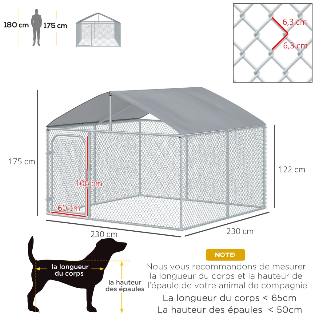 Recinto per Cani Esterno Coperto in Acciaio Galvanizzato ¨C zephmum ¨C Grigio 230x230x175 cm