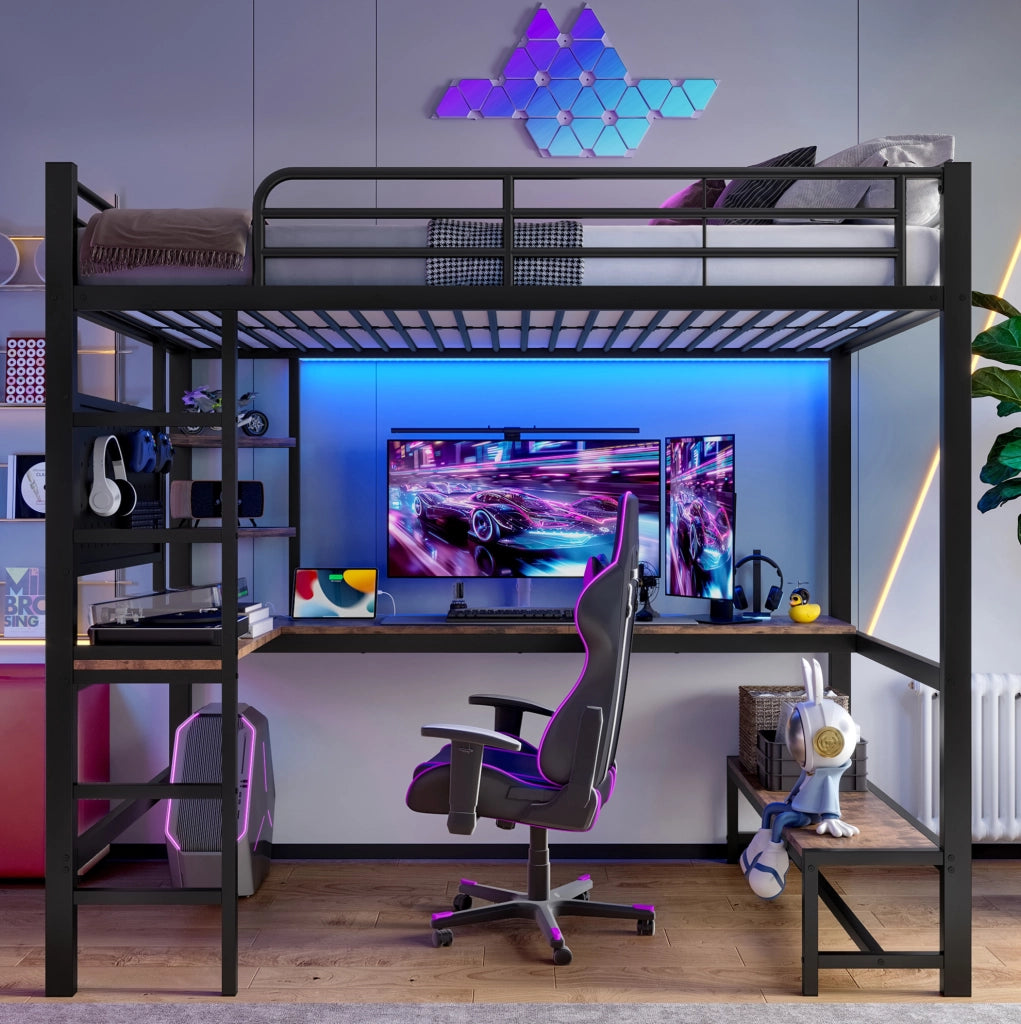 Letto a soppalco ULEVR 90x200 cm con scrivania, ripiani, LED, USB e Type-C, metallo e MDF nero