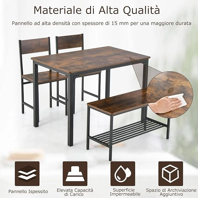 Set Tavolo e Sedie da Cucina 4 Pezzi, Tavolo da Pranzo con 2 Sedie e 1 Panca, Set Mobili da Cucina Salvaspazio con 4 Posti, per Cucina, Sala da Pranzo, Soggiorno (Caffè)