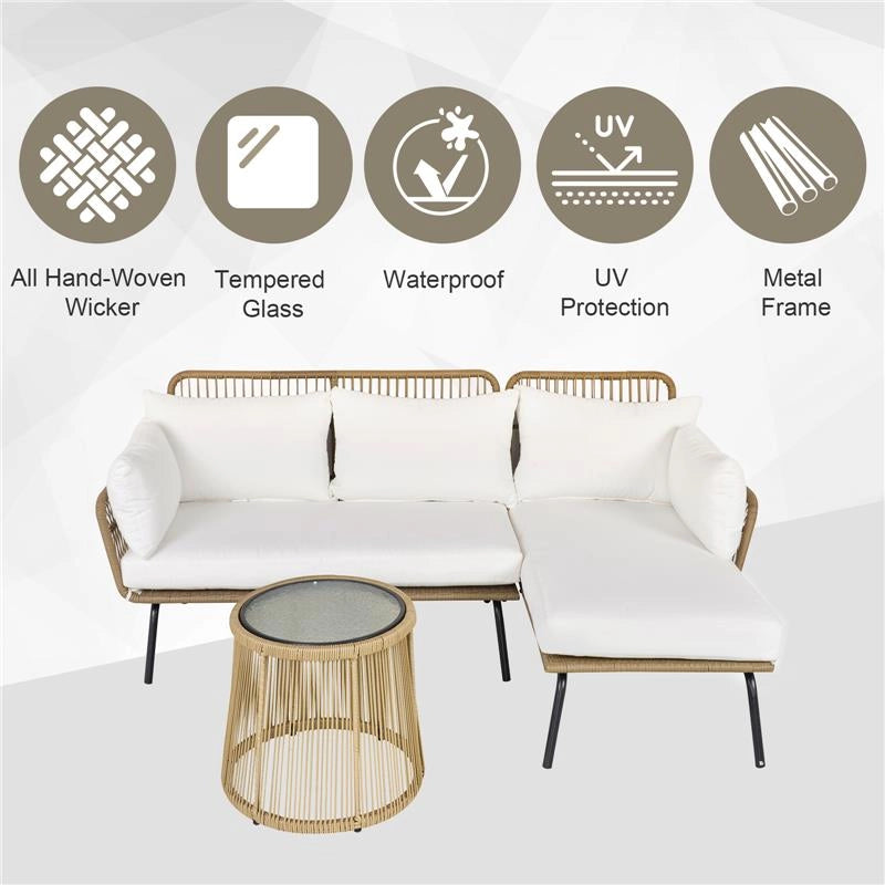 SET 3 PEZZI DIVANO 2 POSTI CHAISE LONGUE E TAVOLINO BEIGE E CAFFÈ
