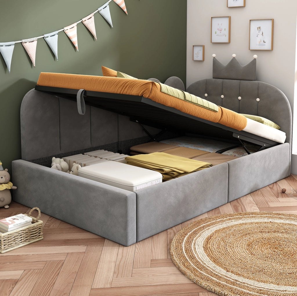 Letto da giorno imbottito 90x200 cm con contenitore idraulico; velluto grigio