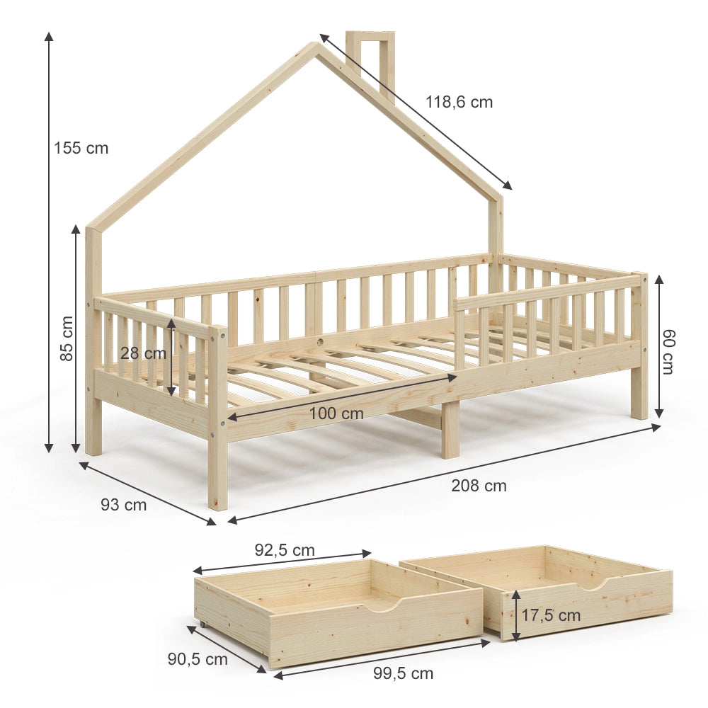 Vitalispa Letto montessori bambini Legno naturale 90x200 cm con 2 cassetti e materasso