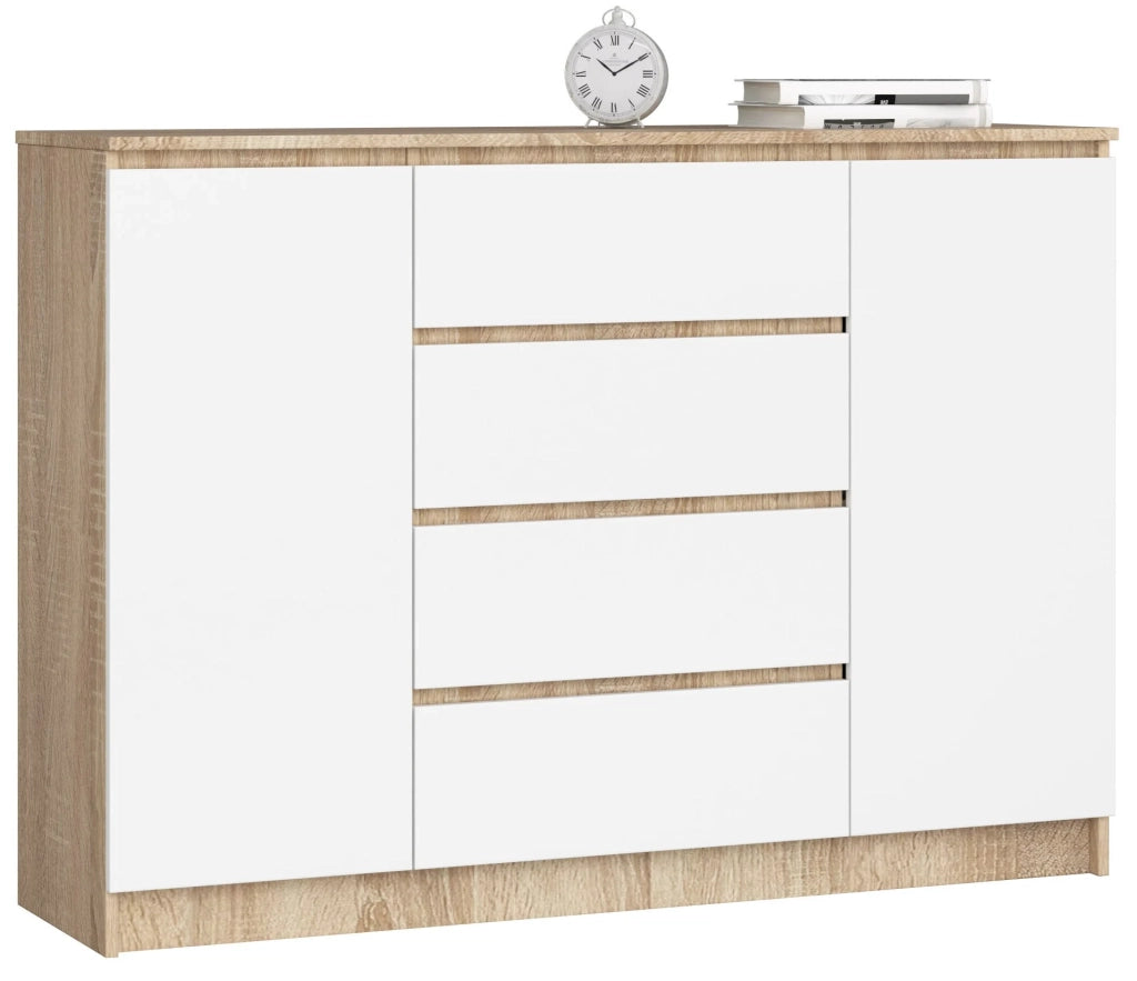 Cassettiera AKORD K140 Sonoma Quercia 138 cm 2 ante 4 cassetti inserto frontale Bianco 138x40x99 cm