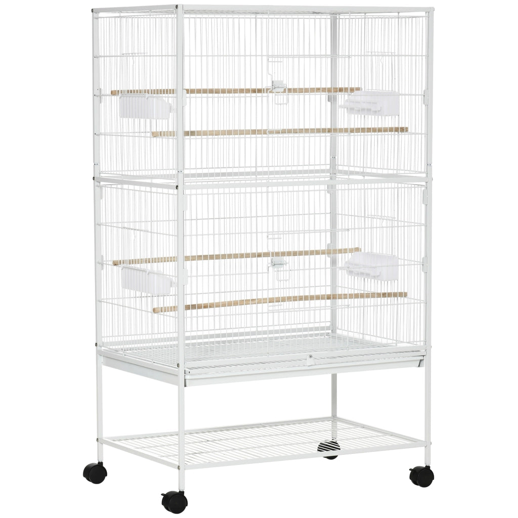 Gabbia per Uccelli da Interni 78x52x132 cm con Vassoio Estraibile 4 Ruote e Trespolo Bianco