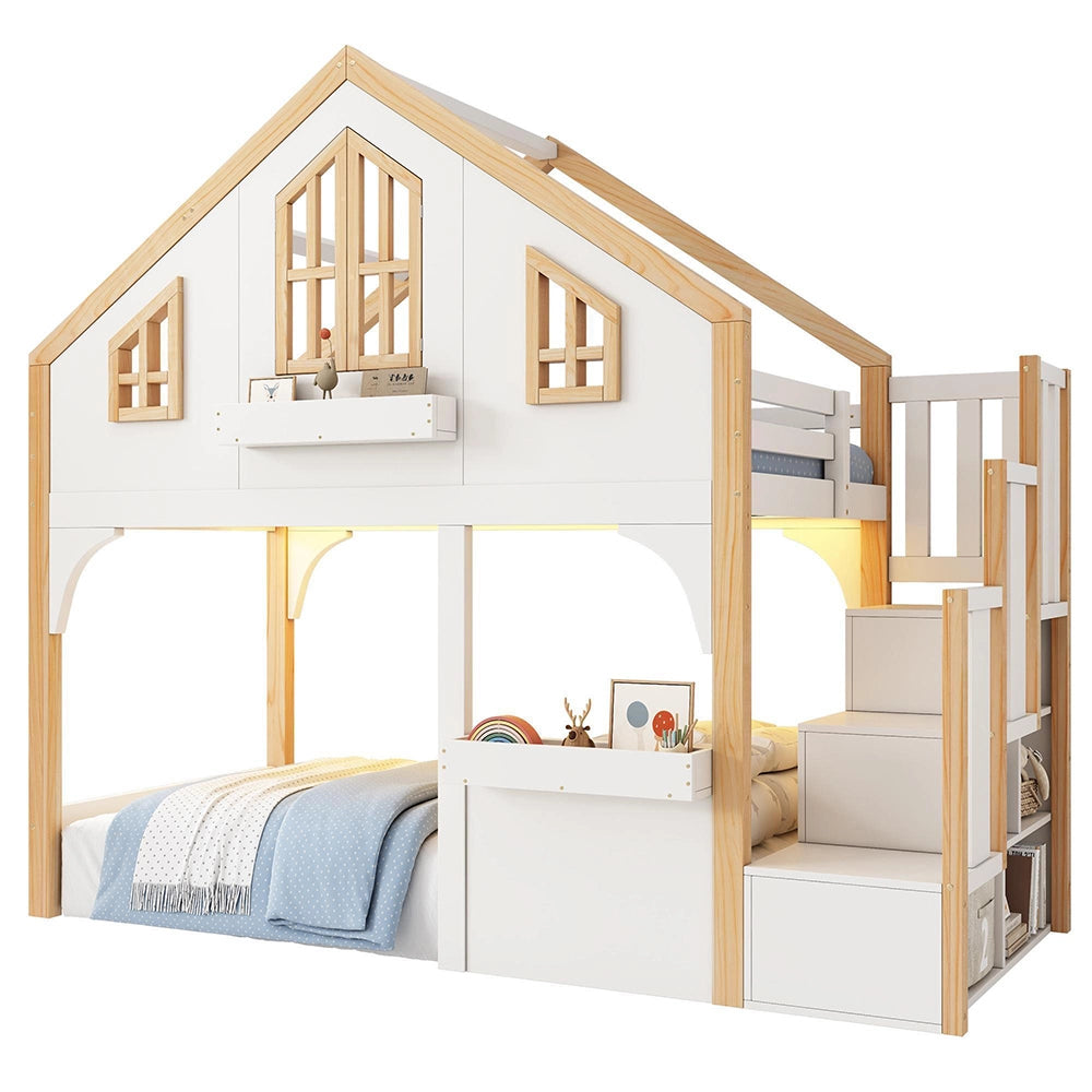 Letto a soppalco per bambini - Xylo - 90x200 cm - Bianco e colore naturale - LED e scala con vano