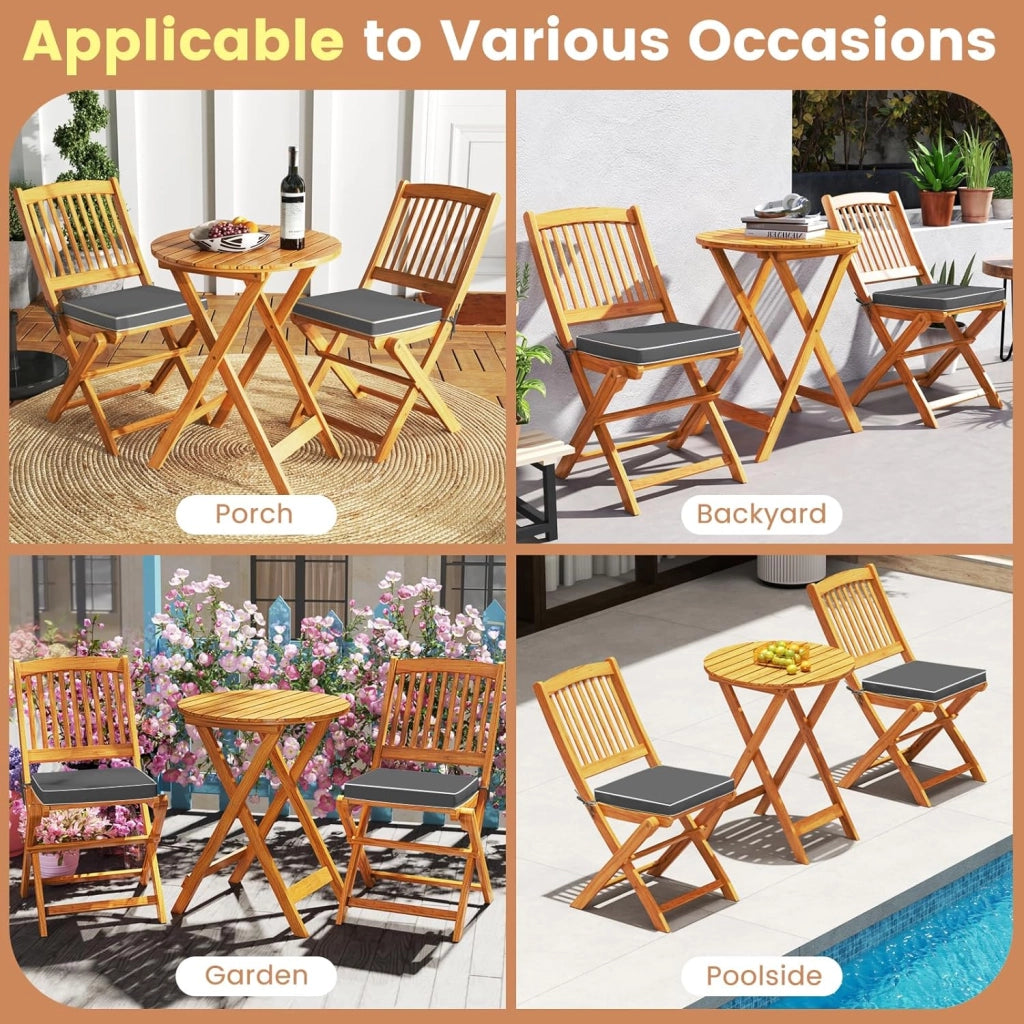 Set da Giardino 2 Posti in Legno di Acacia, Tavolo da Giardino Esterno con Sedia Pieghevole, 2 Cuscini Rimovibili, per Terrazza, Balcone, Bistrot (Grigio + Naturale)