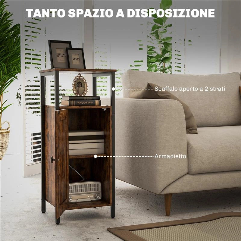 COMODINO INDUSTRIALE CON 2 RIPIANI E SCAFFALE INTERNO REGOLABILE, IN LEGNO E ACCIAIO, 34X30X80 CM, MARRONE