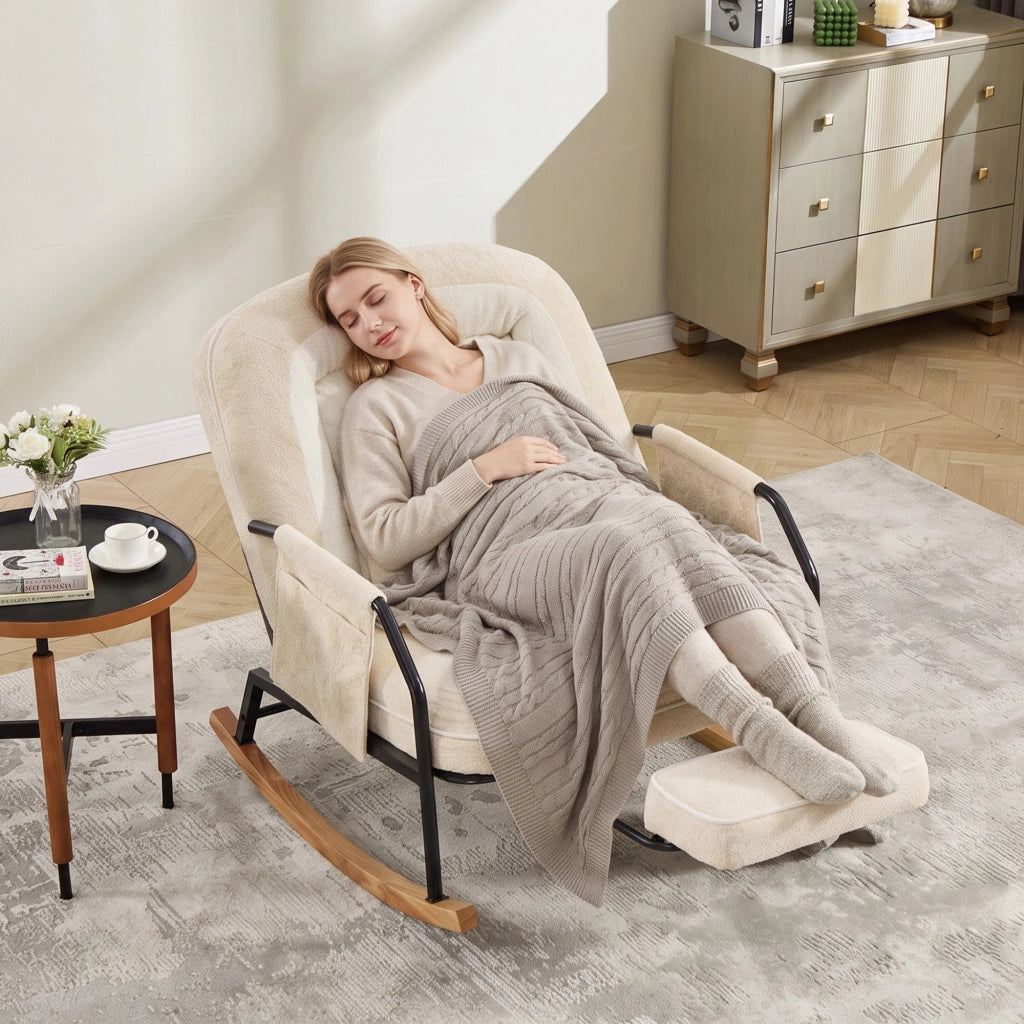 Poltrona a dondolo reclinabile beige con poggiapiedi estraibile
