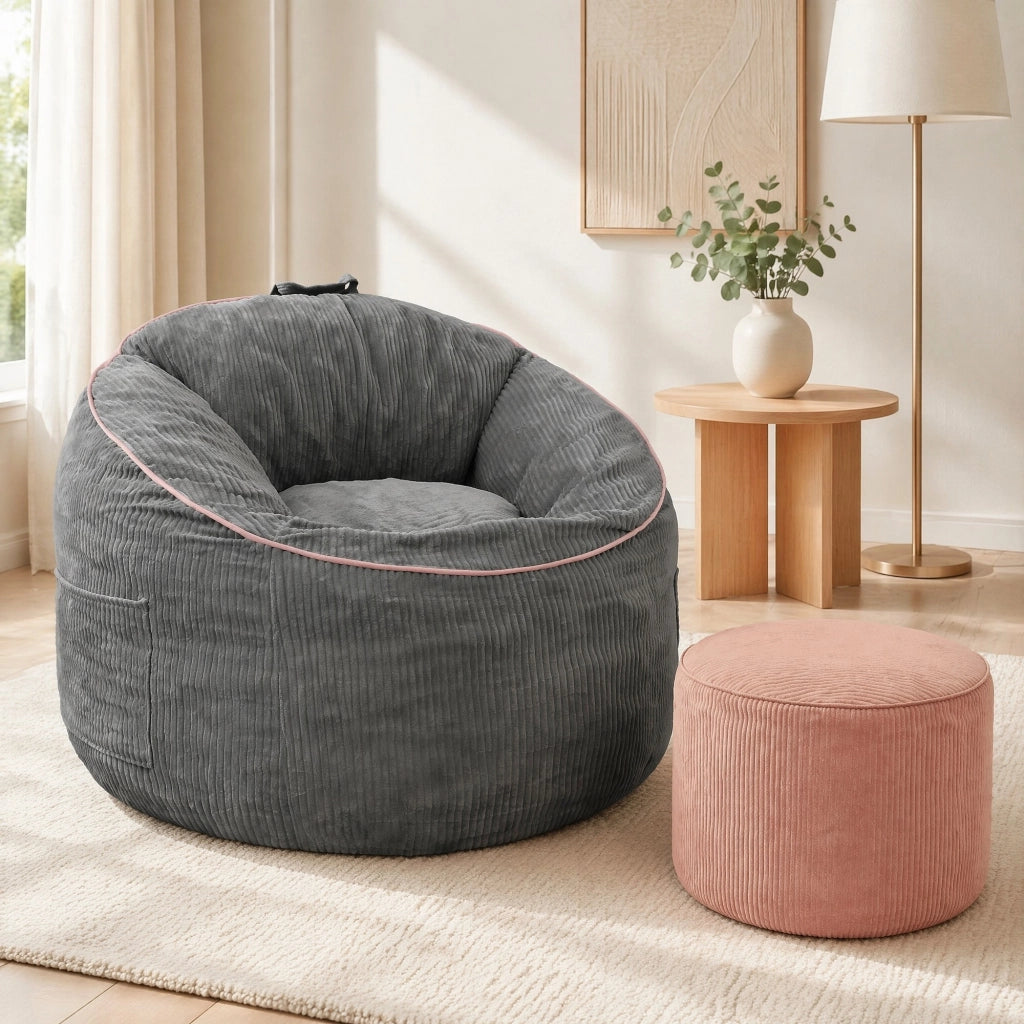 Poltrona sacco 95x103x80 cm grigia con pouf, tessuto flanella, tasca laterale