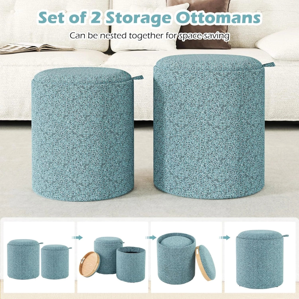 Set di 2 pouf con vano portaoggetti, sgabello rotondo con vassoio/coperchio reversibile, pouf imbottito in tessuto, poggiapiedi con manici laterali, sgabello multifunzione blu cielo