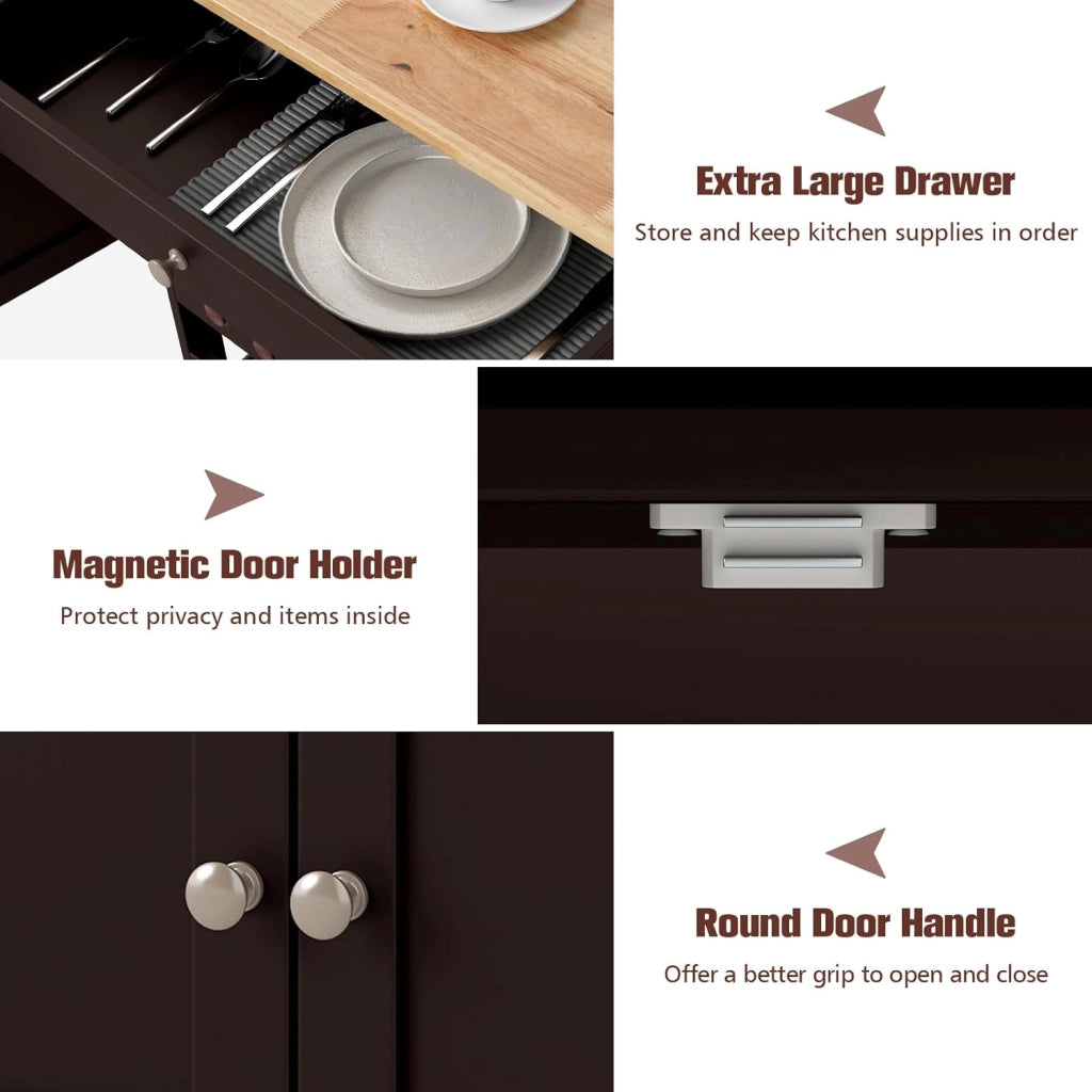 Carrello da cucina mobile con cassetto, porte e ripiani per bottiglie, isola di cucina con ruote e coperchio in legno di gomma, 67 x 37 x 86 cm, mobile di stoccaggio per sala da pranzo
