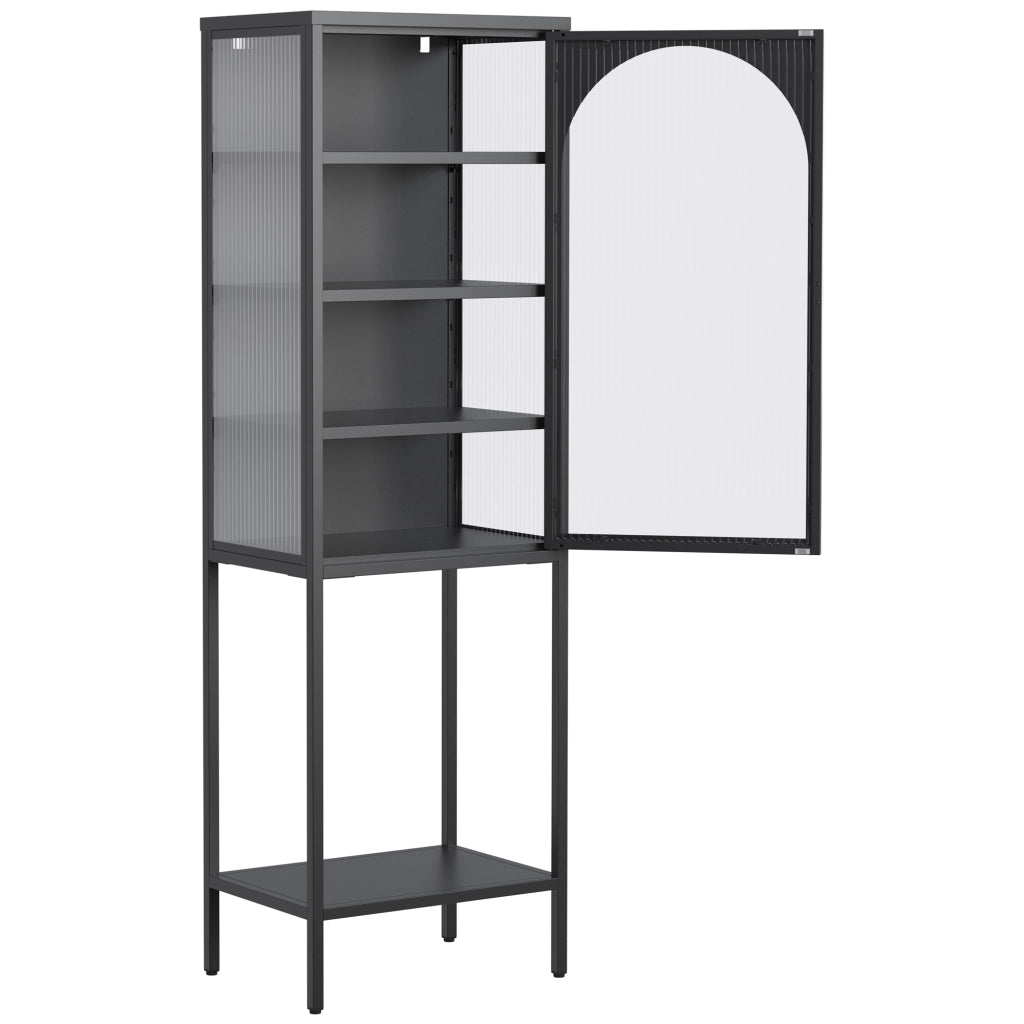 Pensile in metallo e vetro con porta bloccabile e ripiani regolabili, nero, per cucina e officina, 160 × 50 × 35 cm