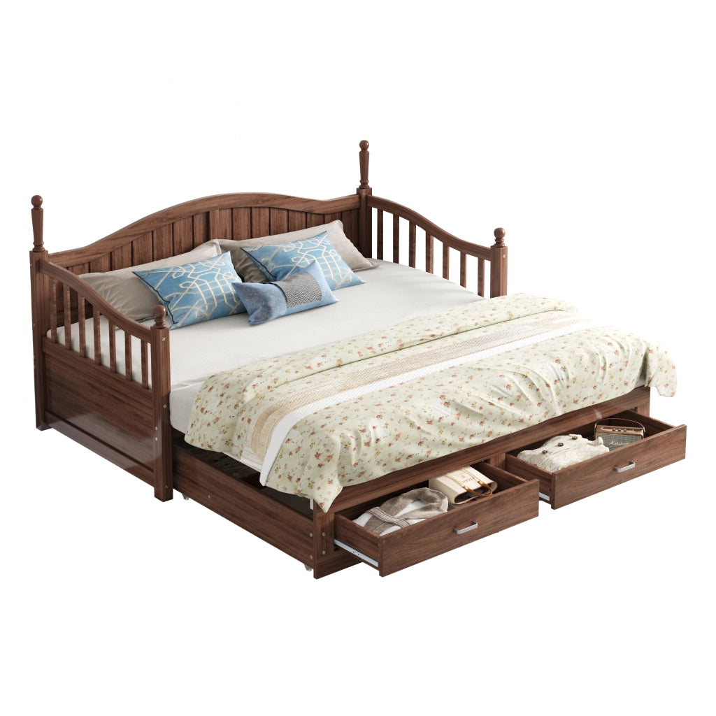 OKWISH Letto Divano Estraibile 90×190 cm, Letto Singolo con 2 Cassetti, Schienale Curvo e Braccioli, senza Materasso, in Legno, Noce