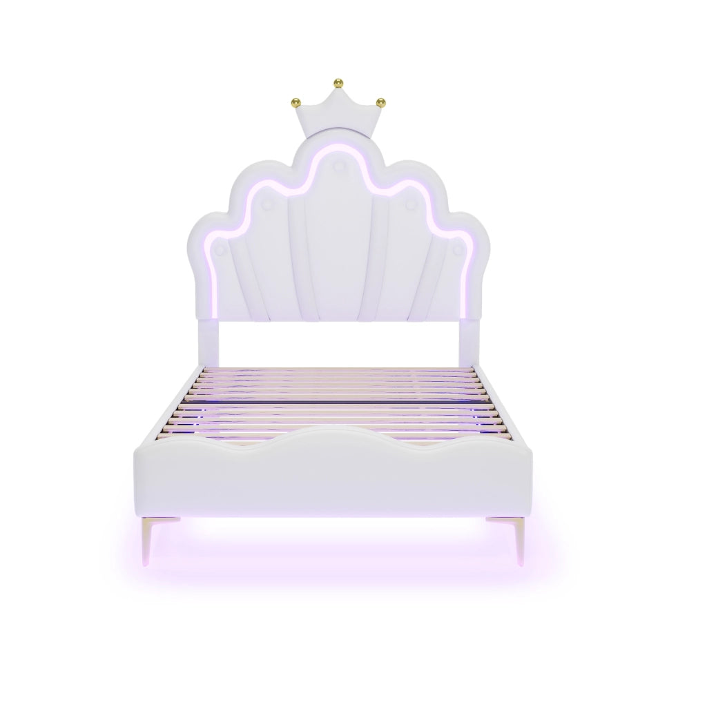 OKWISH Letto Bambini 90×200 cm, Letto Singolo con LED Regolabile, Testiera a Corona e Luce Sotto Letto, senza Materasso, PU Bianco