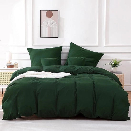 Set di coperte da letto in 100% cotone lavato, 4 pezzi in verde bosco con chiusura a raso, coperta da letto e cuscini