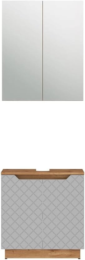 Set di mobili da bagno Lotta, Rovere/grigio con struttura in piastrelle, 2 parti