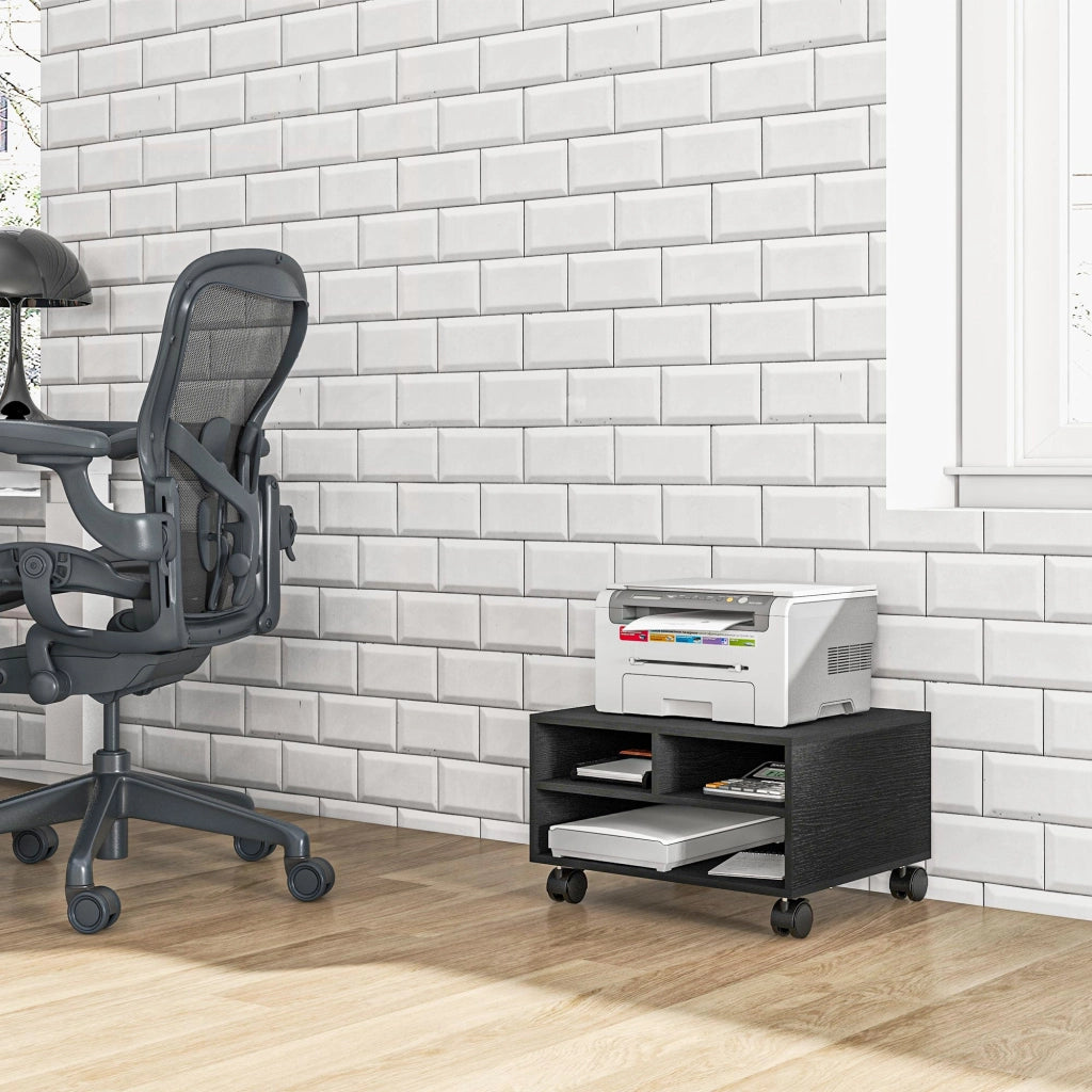 Mobile Porta Stampante a 2 Ripiani in Legno con Ruote per Ufficio e Studio, 47x40x22.5cm, Nero