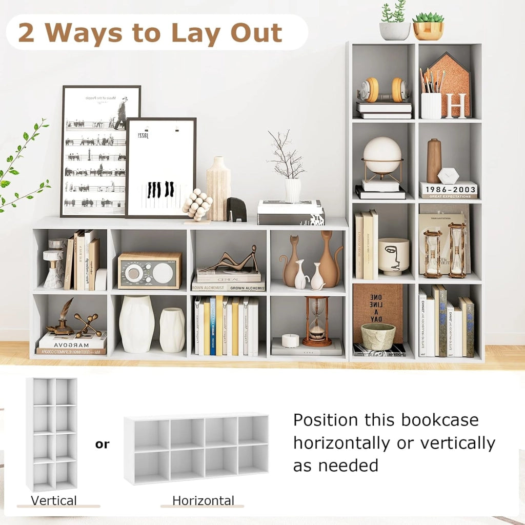 Libreria Scaffale con 8 Cubi, Libreria Legno con 2 Dispositivi Antiribaltamento, Mobile Contenitore per Soggiorno, Camera da Letto, Ufficio, 121,5 x 29 x 61 cm (Bianco)