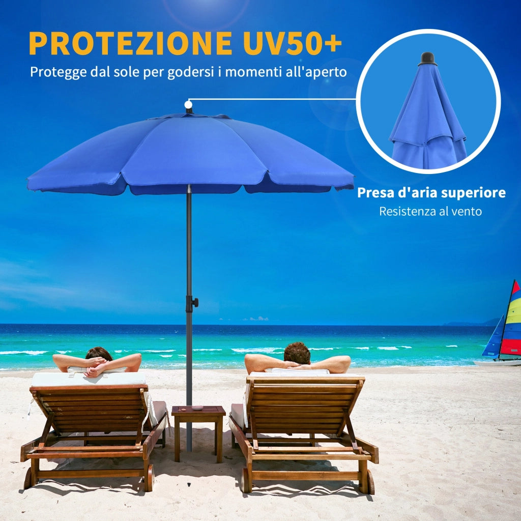 Ombrellone da Giardino Ø180x209H cm Spiaggia Reclinazione a 45° e 8 Stecche Blu