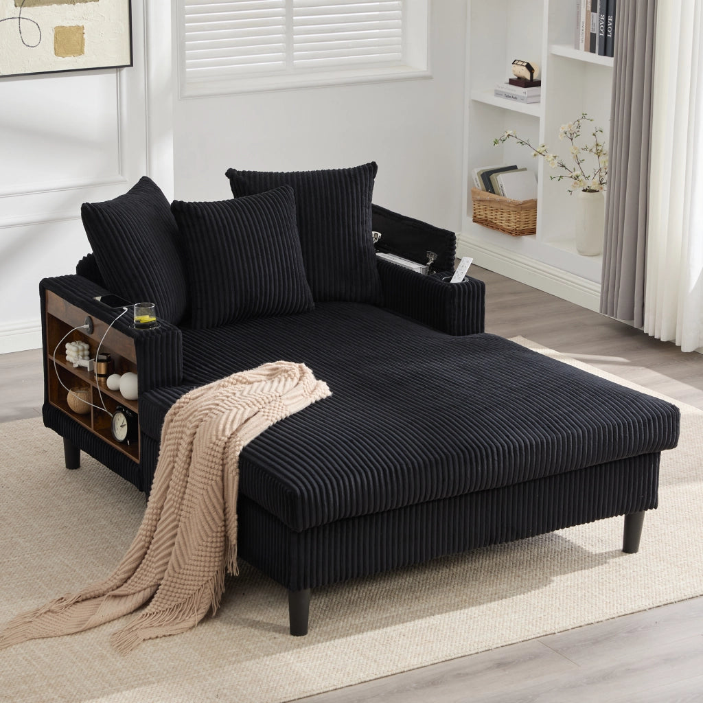 Chaise longue con portabicchieri, luci LED, tasca laterale, vano contenitore e porta USB in velluto a coste nero