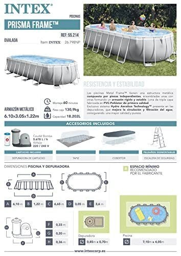 Intex Piscina 26798 Prisma Metal Frame Ovale con Filtro A3, dimensioni 610x305x122 cm