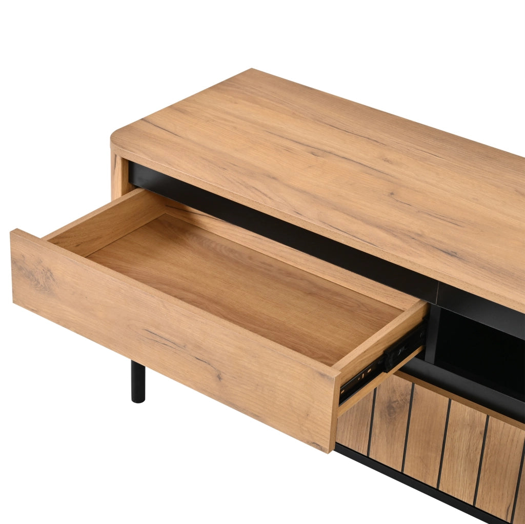 Mobile TV 180x40x52 cm con 2 cassetti; 2 ante a ribalta; MDF; nero e naturale