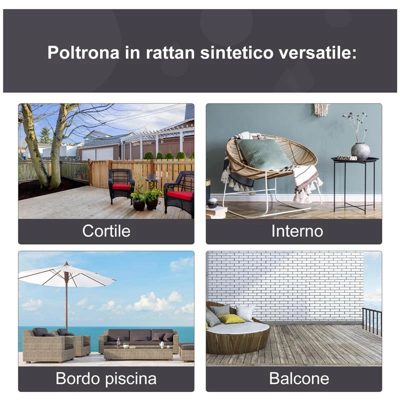 POLTRONA IN PE RATTAN GRIGIO CON MORBIDO CUSCINO BEIGE PER ESTERNI E INTERNI
