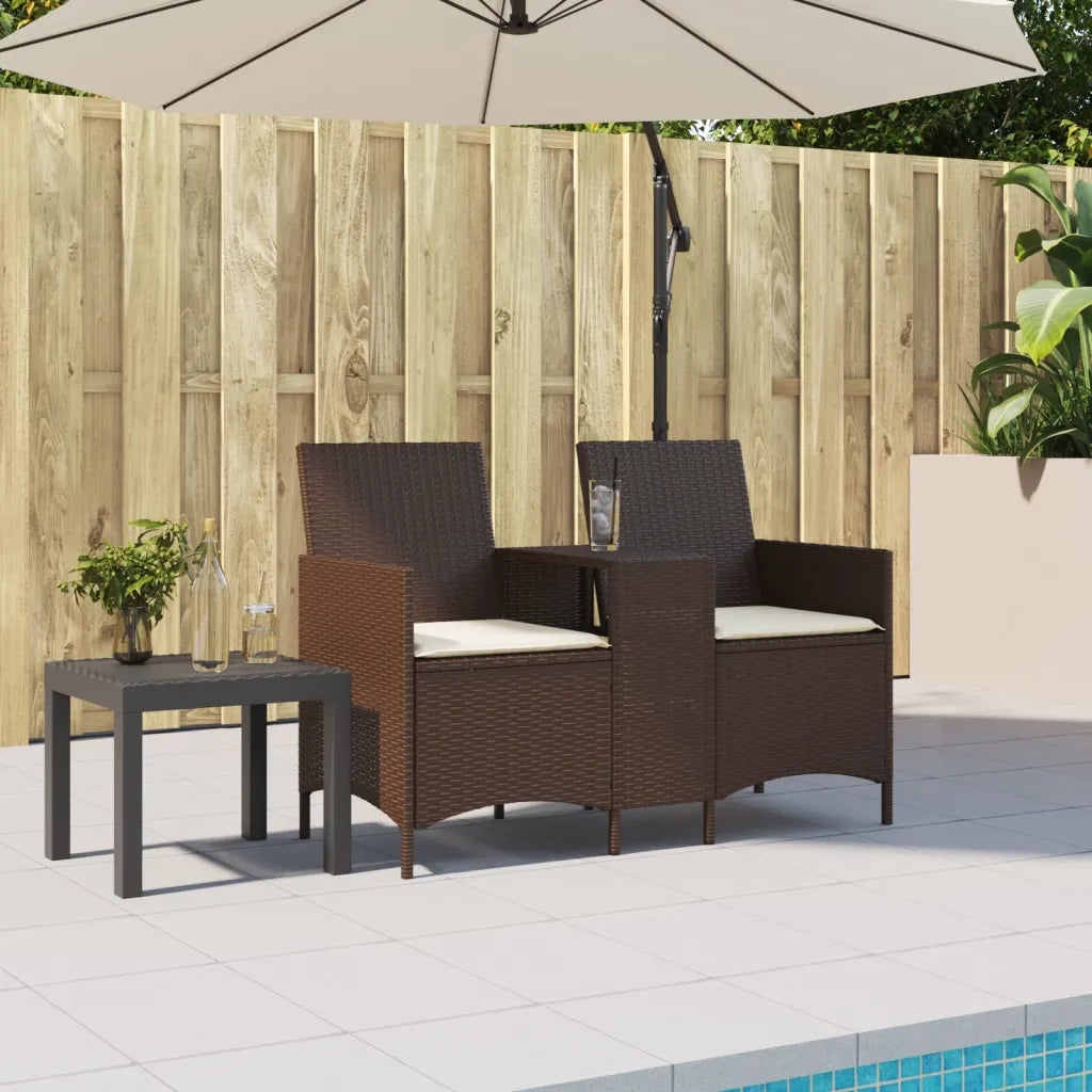 vidaXL Divano a 2 Posti con Tavolo e Cuscini Marrone in Polyrattan