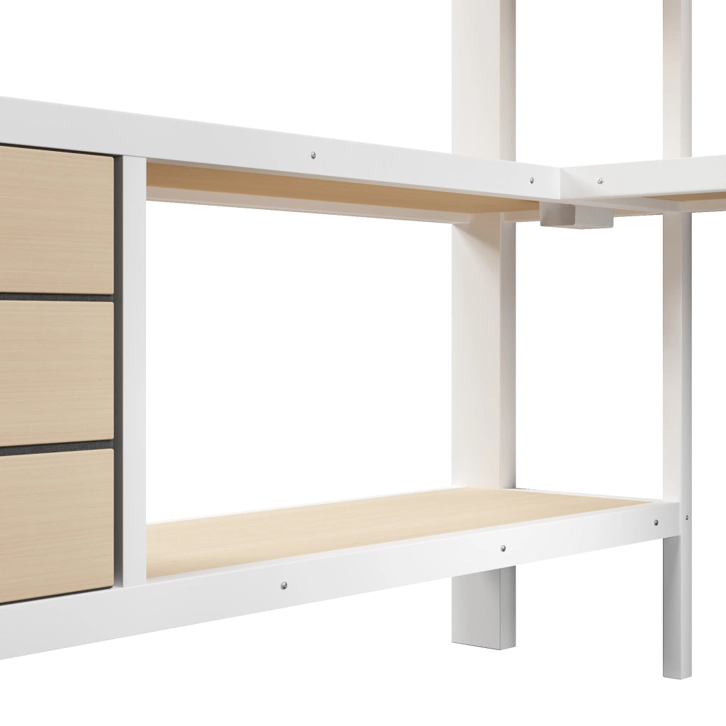 Letto a soppalco matrimoniale 140×200 cm con scrivania; 3 cassetti; ripiani; presa e LED; senza materasso; bianco