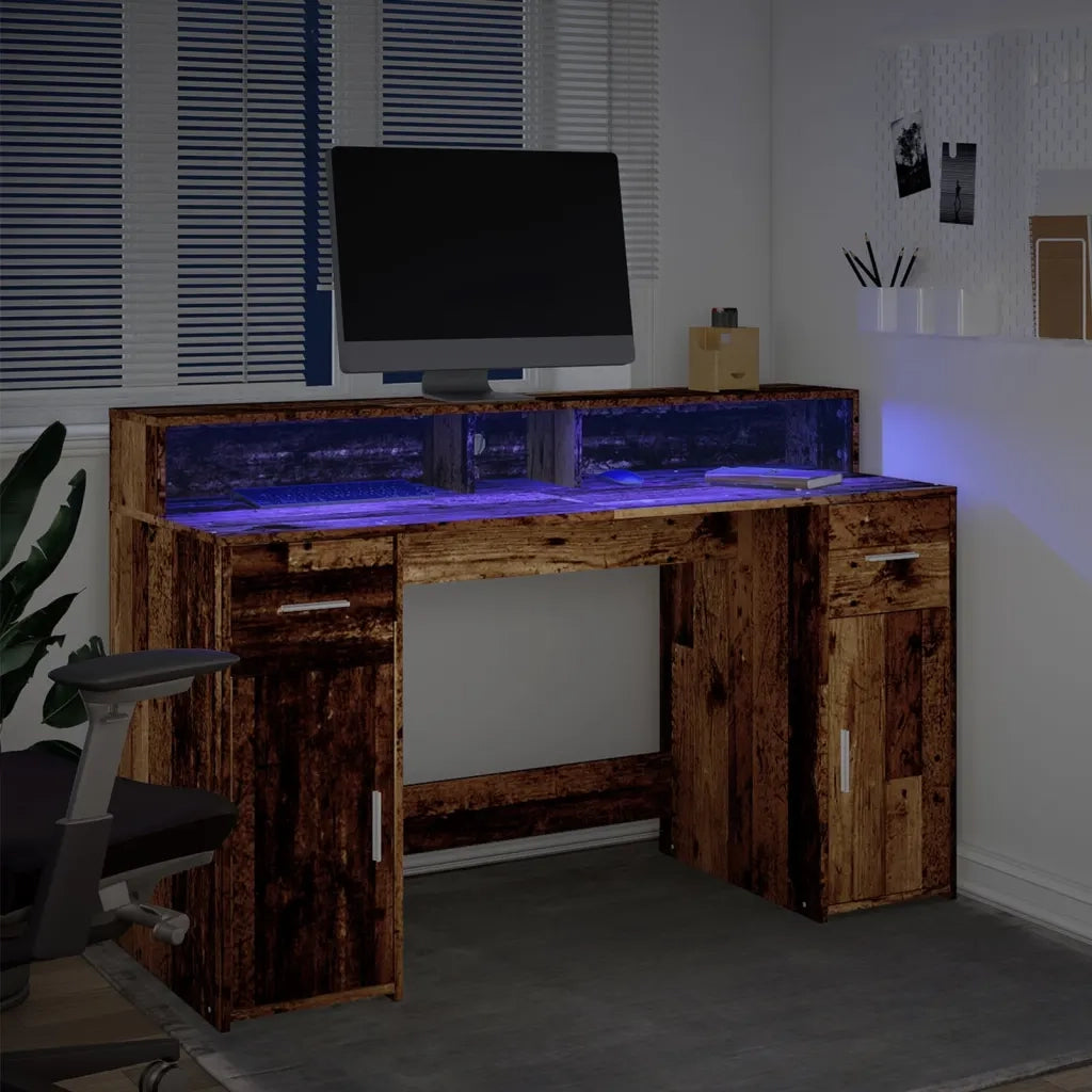 Scrivania con Luci LED Legno Antico 140x55x91 cm in Multistrato