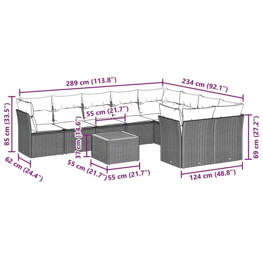 Set Divani da Giardino 10pz con Cuscini in Polyrattan Nero