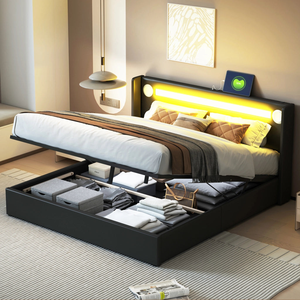 LETTO MATRIMONIALE 160x200 cm in PU nero con LED, Bluetooth e 2 porte USB