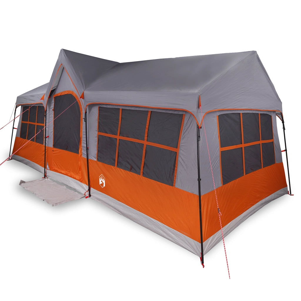 Tenda da campeggio impermeabile per 12 persone con finestre grigia e arancione.