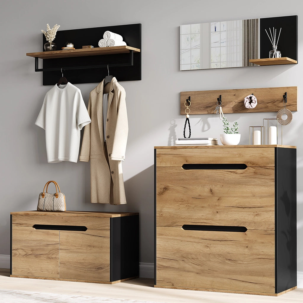 Set guardaroba modulare con scarpiera, panca, specchio e 4 ganci, naturale e nero