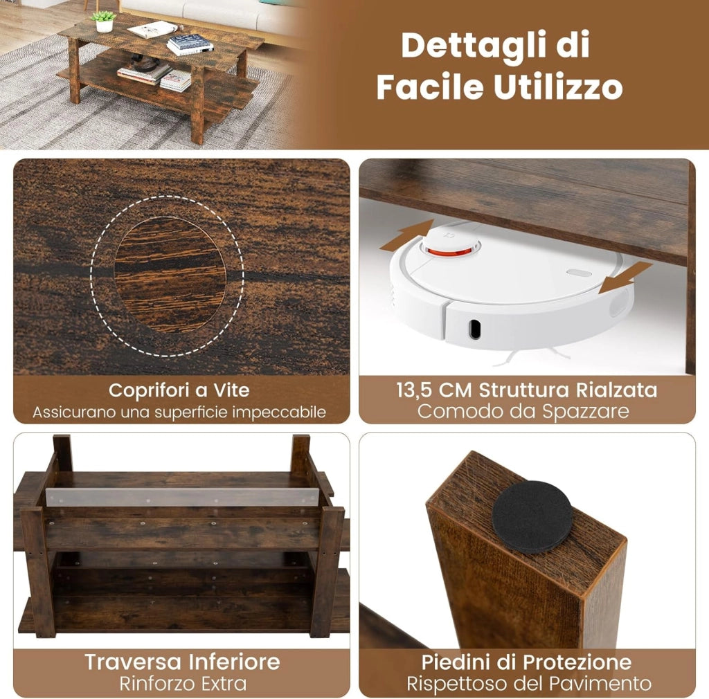 Tavolino da Caffè a 2 Ripiani, Tavolino Rettangolare da Salotto in Legno con Mensola di Stoccaggio, Ideale per Ufficio e Soggiorno, 115 x 59 x 46 cm (Marrone)