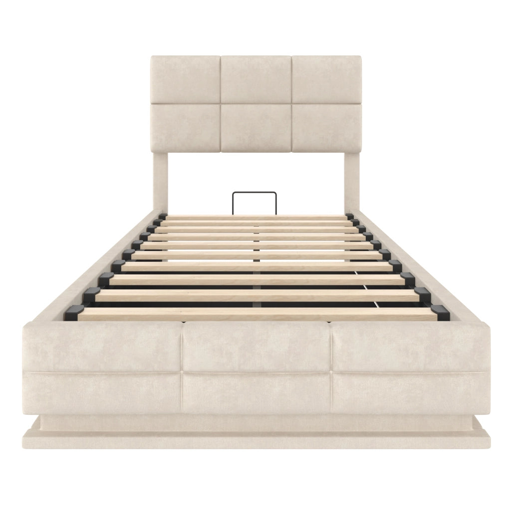 Letti contenitori 90x200 cm; testiera regolabile con LED e USB; velluto beige (Senza materasso)