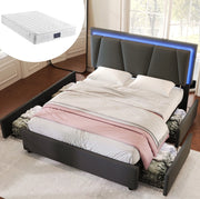 Letto matrimoniale 140x200 cm con LED; testiera regolabile e 4 cassetti; grigio