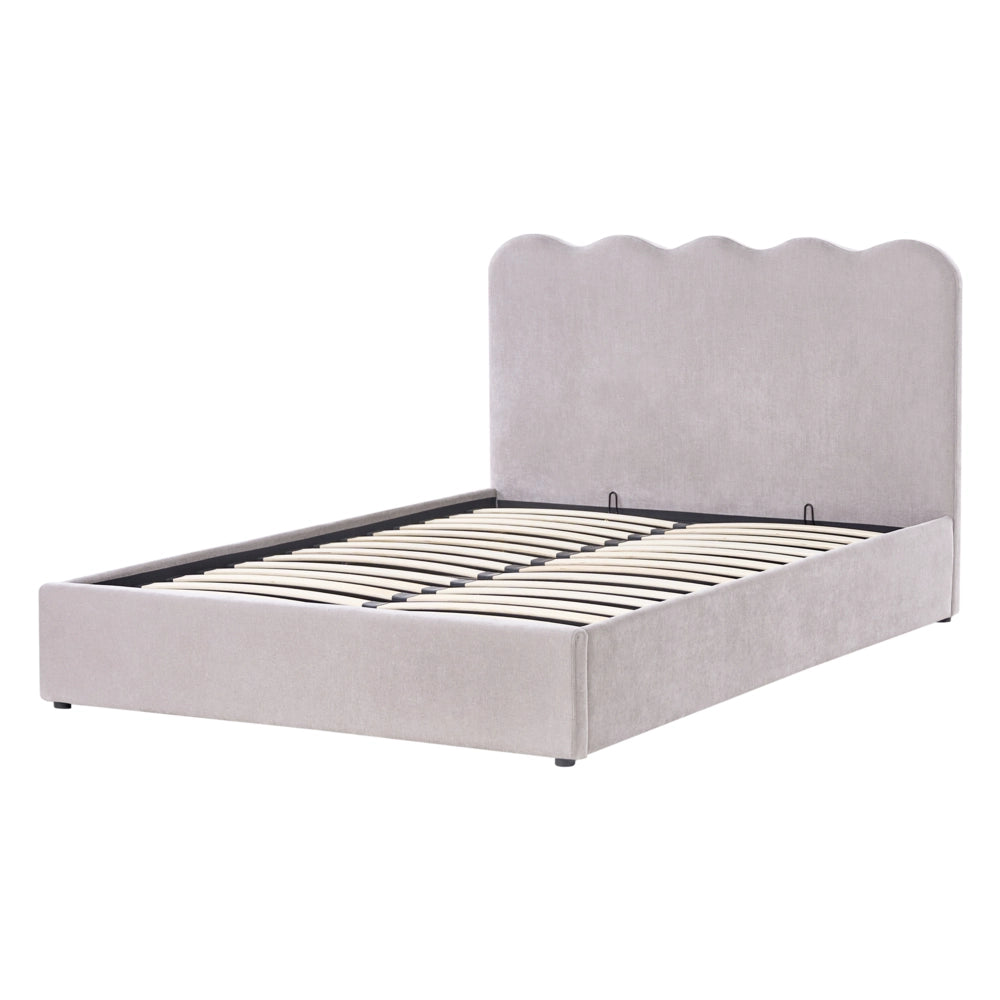 Letto in tessuto di ciniglia imbottito color tortora 140 x 200 cm contenitore elevabile con testiera e rete a doghe