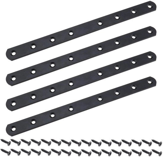 Fissi Piatto 4 pezzi - Fissaggio Metallico - 245 x 20 x 3 mm - Viti M4x16 - Duraturo - Nero - Per Supporto di Mobili