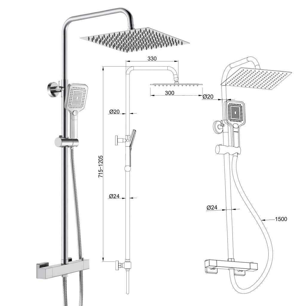 Colonna doccia rotonda completo di miscelatore termostatico rettangolo, soffione quadrato 30x30cm, cromo